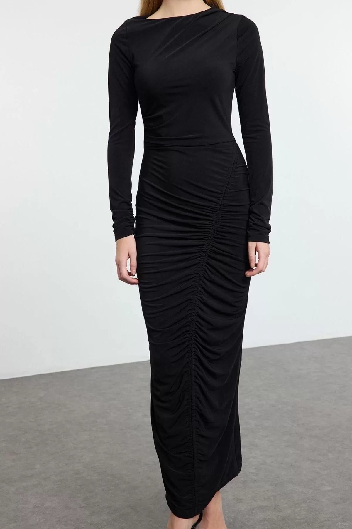 Women Fashion Stylish Midi Length Asymmetrical Collar Slim Fitted Elastic Knitted Dress with Drape Detail