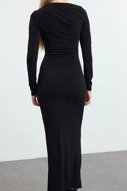 Women Fashion Stylish Midi Length Asymmetrical Collar Slim Fitted Elastic Knitted Dress with Drape Detail