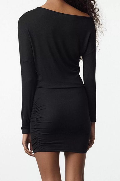 Women Fashion Stylish Mini Length Asymmetrical Neck Slim Bodycone Fitted Knitted Dress