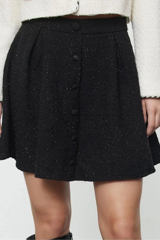 Women's Fashion Style Mini Unlined Woven Pocket Detailed Front Buttoned Flared Tweed Fabric Woven Skirt