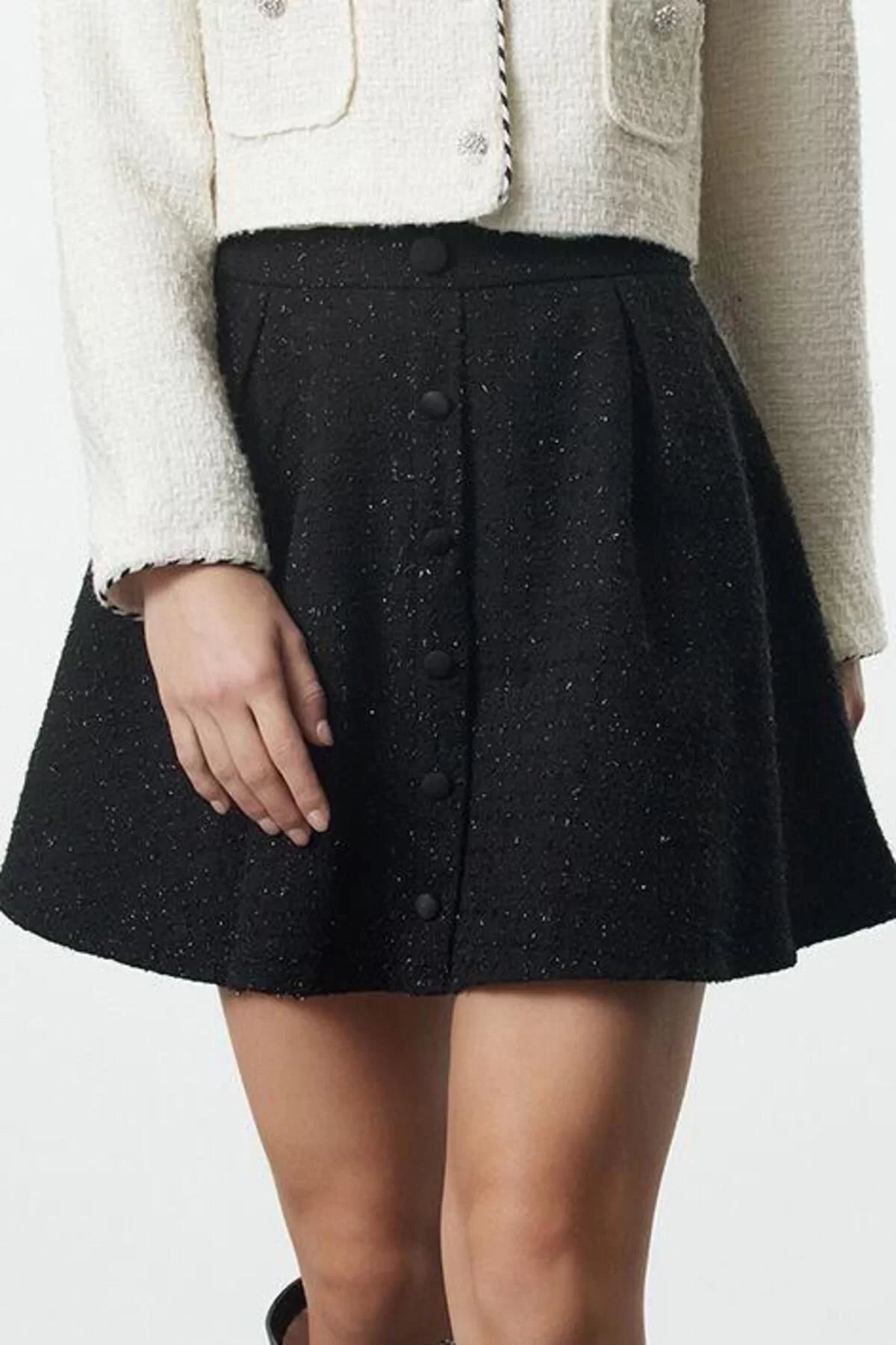 Women's Fashion Style Mini Unlined Woven Pocket Detailed Front Buttoned Flared Tweed Fabric Woven Skirt