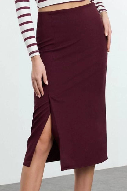 Women Fashion Style Midi Unlined Woven Slit Detailed Ederli Fabric Midi Length Woven Skirt