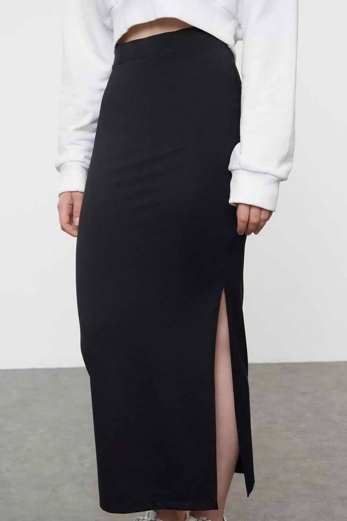 Women Fashion Style Maxi Unlined Knitted Polyamide Plain Slit Pencil Fitted Midi Skirt