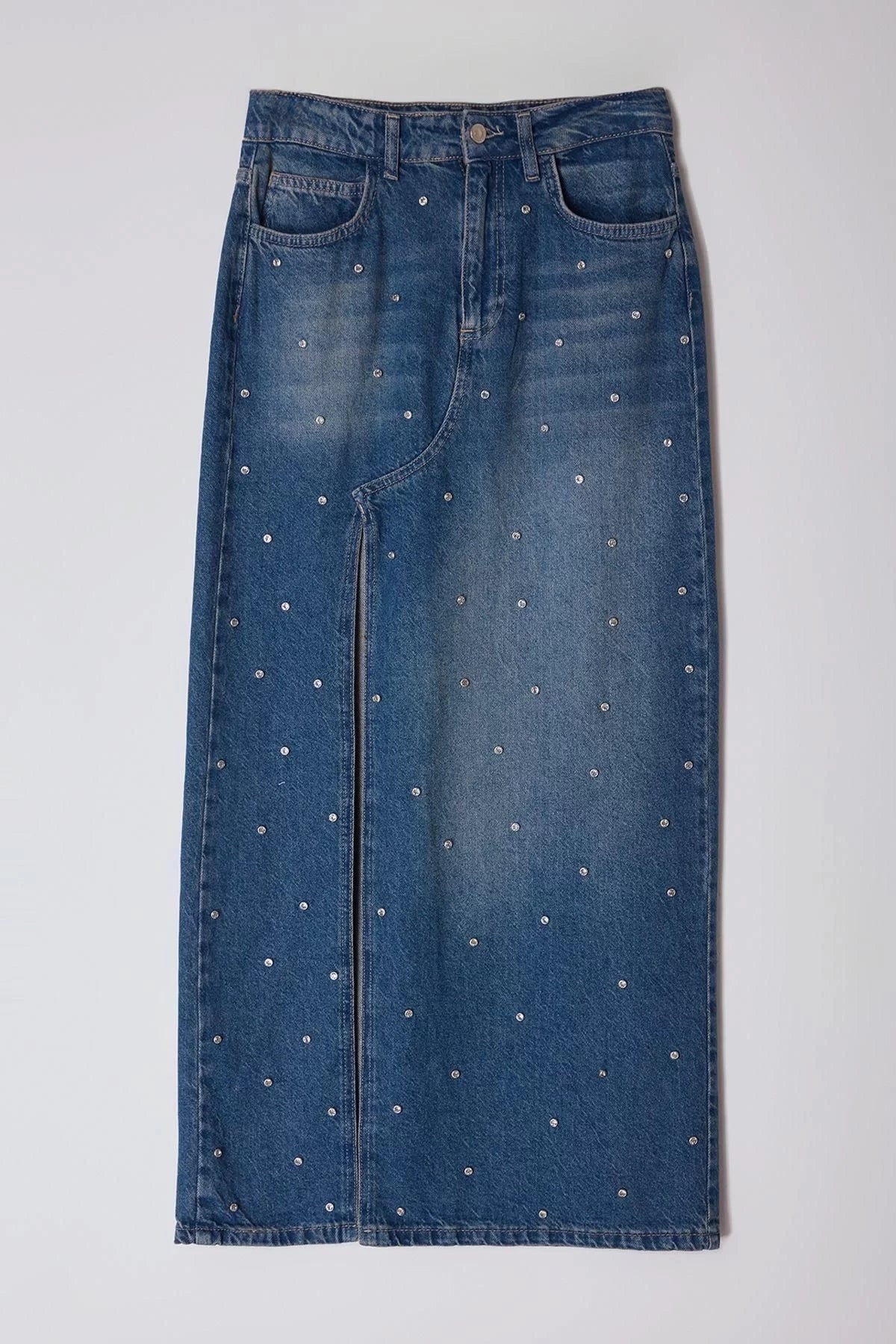 Women Fashion Style Maxi Unlined Denim Limited Edition Stoned High Waist Maxi Denim Skirt