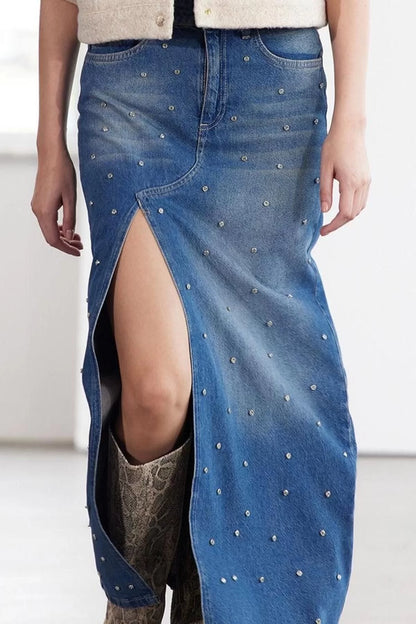 Women Fashion Style Maxi Unlined Denim Limited Edition Stoned High Waist Maxi Denim Skirt