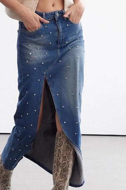 Women Fashion Style Maxi Unlined Denim Limited Edition Stoned High Waist Maxi Denim Skirt