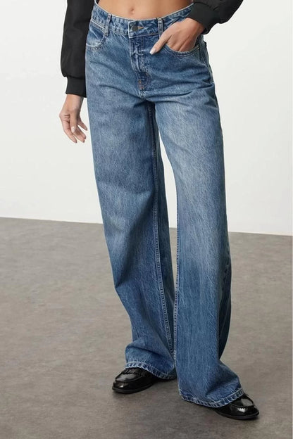 Women Fashion Stylish Jeans Pants Wide Leg Long Denim Blue High Waist Jeans