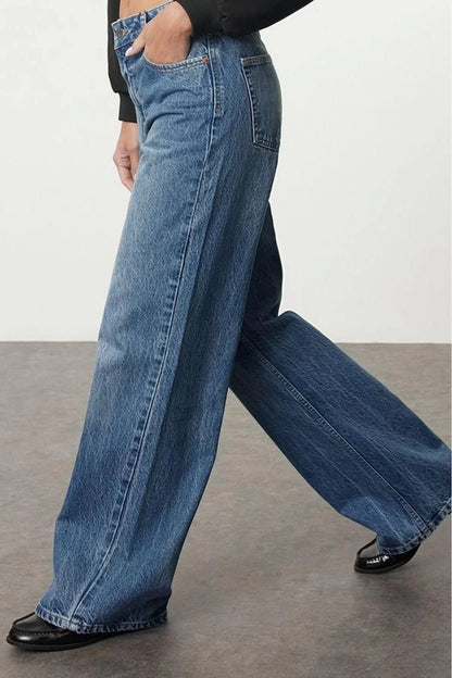 Women Fashion Stylish Jeans Pants Wide Leg Long Denim Blue High Waist Jeans