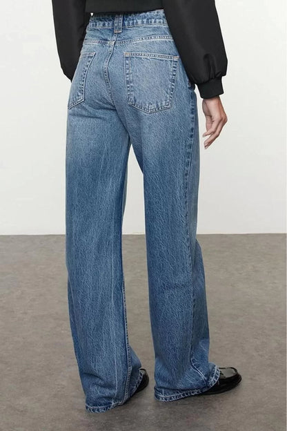 Women Fashion Stylish Jeans Pants Wide Leg Long Denim Blue High Waist Jeans