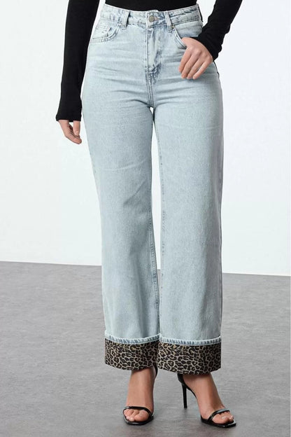 Women Fashion Stylish Jeans Pants Wide Leg Long Denim Leopard Patterned Folded Leg High Waist Jeans