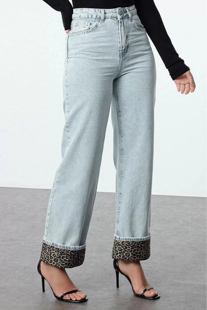 Women Fashion Stylish Jeans Pants Wide Leg Long Denim Leopard Patterned Folded Leg High Waist Jeans