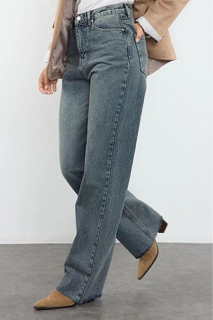 Women Fashion Stylish Jeans Pants Wide Leg Long Denim Blue High Waist Jeans