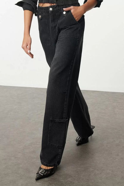 Women Fashion Stylish Jeans Wide Leg Long Length Denim High Waist Pocket Detailed Jeans