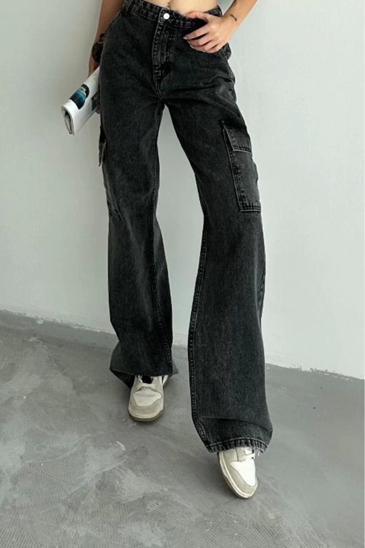 Women Fashion Stylish Jeans Wide Leg Long Denim Anthracite Cargo Pocket High Waist Jeans