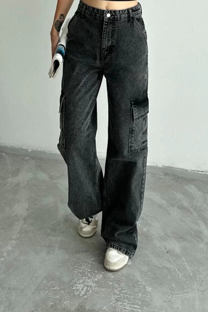 Women Fashion Stylish Jeans Wide Leg Long Denim Anthracite Cargo Pocket High Waist Jeans