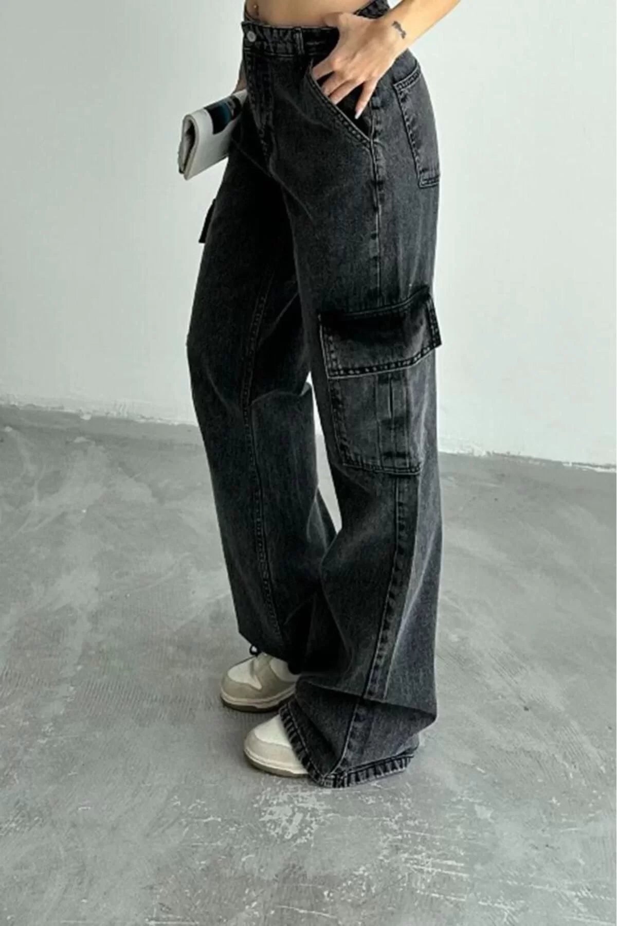 Women Fashion Stylish Jeans Wide Leg Long Denim Anthracite Cargo Pocket High Waist Jeans