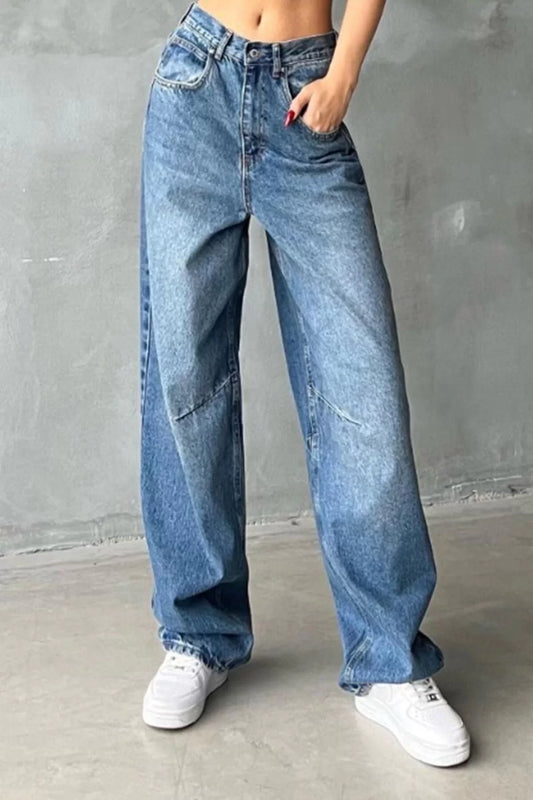 Women Fashion Stylish Jeans Pants Wide Leg Long Denim Blue High Waist Jeans