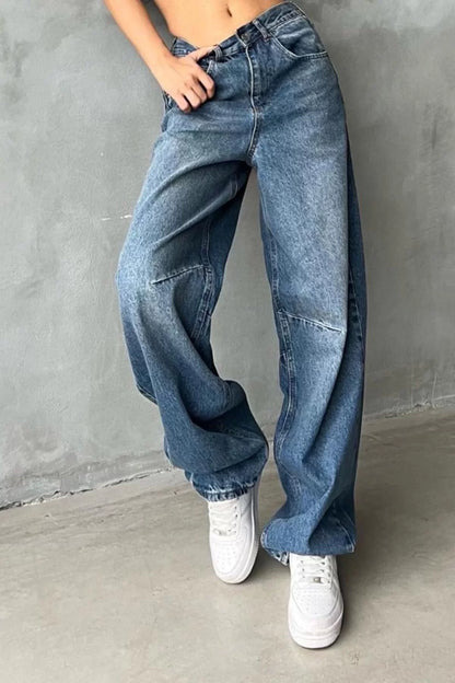 Women Fashion Stylish Jeans Pants Wide Leg Long Denim Blue High Waist Jeans