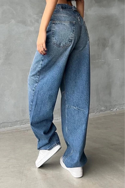 Women Fashion Stylish Jeans Pants Wide Leg Long Denim Blue High Waist Jeans