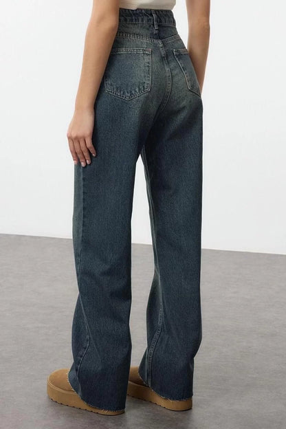 Women Fashion Stylish Jeans Wide Leg Long Length Denim Blue High Waist Straight Jeans