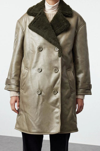 Women's Jacket Collar Long Plain Lined Fur Detailed Collar Long Coat