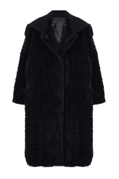 Women's Fashion Stylish Loose Jacket Collar Long Plain Lined Black Oversize Plush Coat