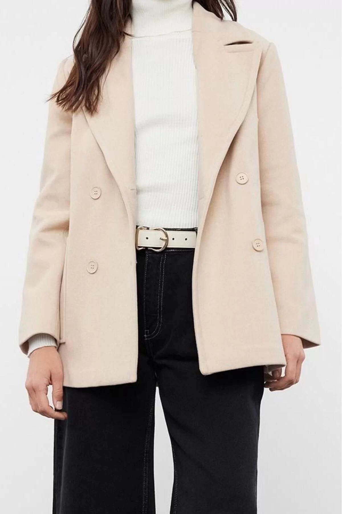 Women's Fashion Stylish Regular Shirt Collar Midi Plain Lined Pocket Detailed Soft Textured Regular Short Coat