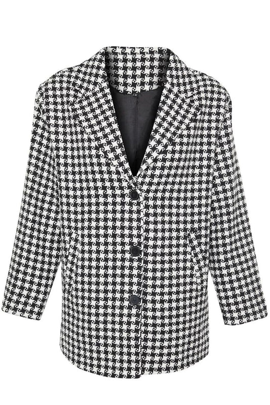 Women's Fashion Stylish Loose Shirt Collar Standard Houndstooth Lined Oversize Wool Wide Cut Houndstooth Coat