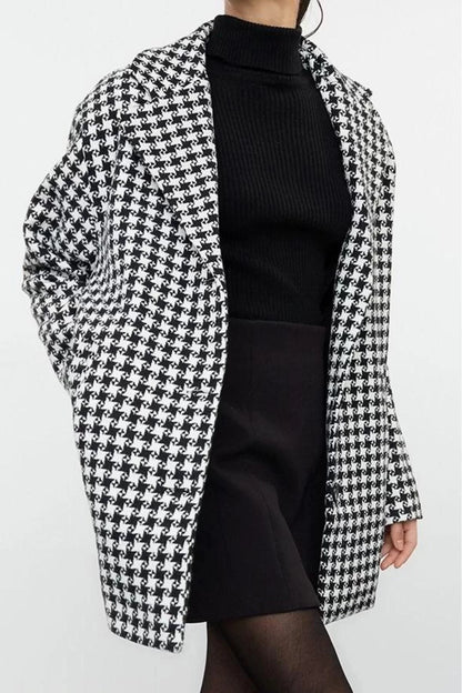 Women's Fashion Stylish Loose Shirt Collar Standard Houndstooth Lined Oversize Wool Wide Cut Houndstooth Coat