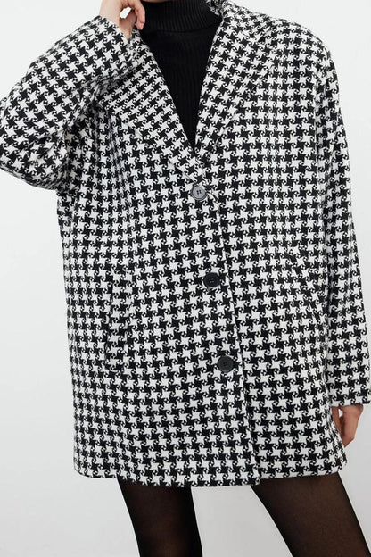 Women's Fashion Stylish Loose Shirt Collar Standard Houndstooth Lined Oversize Wool Wide Cut Houndstooth Coat