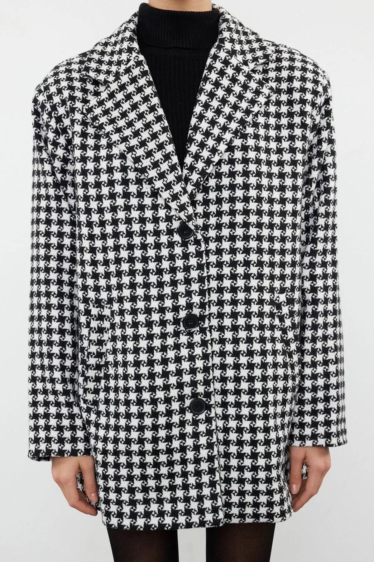 Women's Fashion Stylish Loose Shirt Collar Standard Houndstooth Lined Oversize Wool Wide Cut Houndstooth Coat