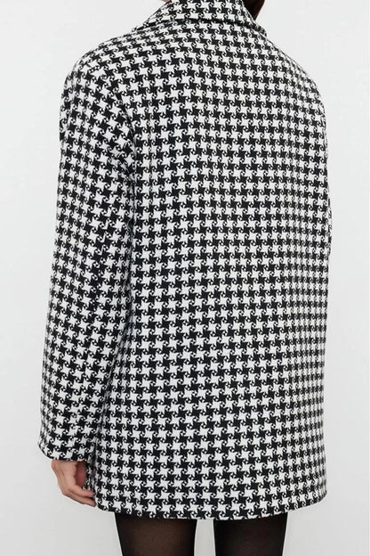 Women's Fashion Stylish Loose Shirt Collar Standard Houndstooth Lined Oversize Wool Wide Cut Houndstooth Coat