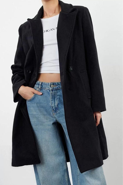 Women Fashion Stylish Regular Jacket Collar Long Plain Lined Double Breasted Regular Woolen Midi Coat