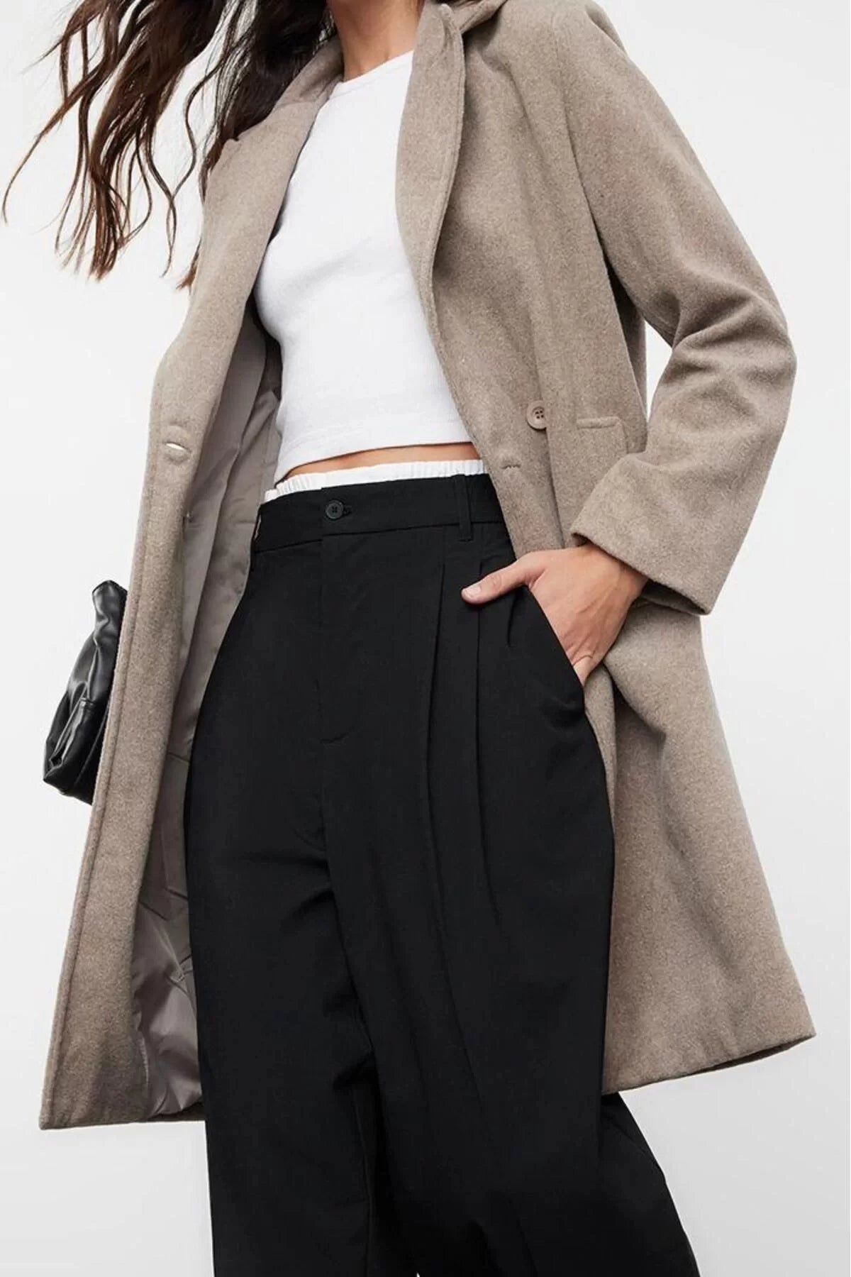 Women Fashion Stylish Regular Jacket Collar Long Plain Lined Double Breasted Regular Woolen Midi Coat