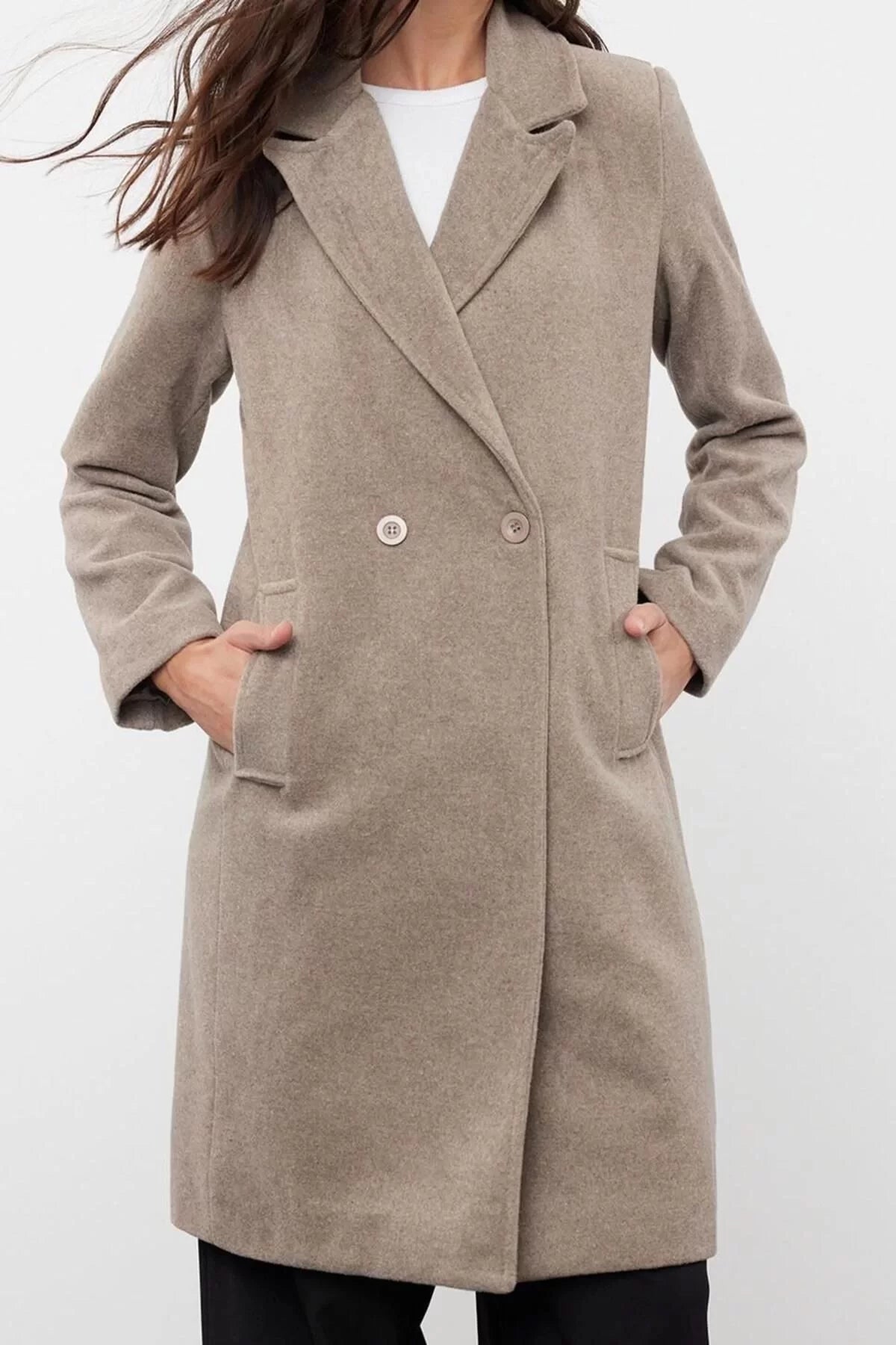 Women Fashion Stylish Regular Jacket Collar Long Plain Lined Double Breasted Regular Woolen Midi Coat