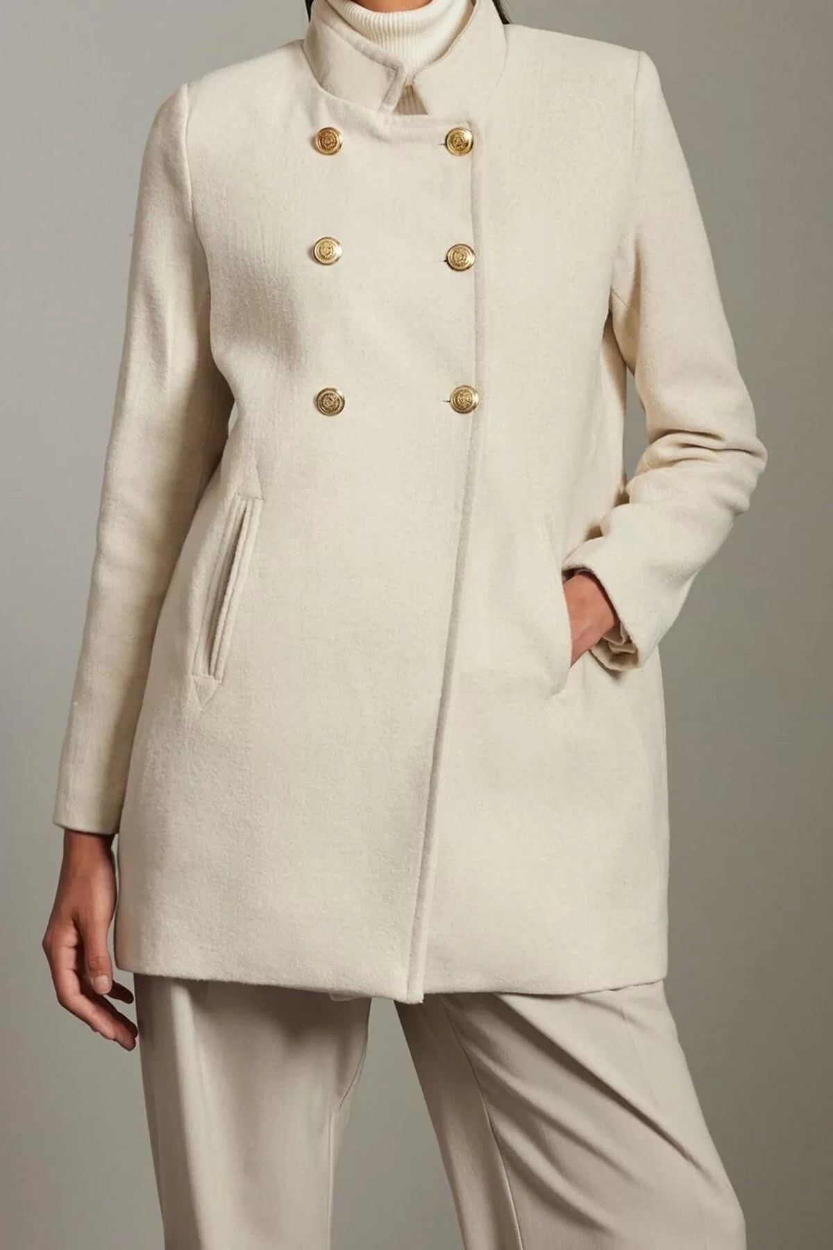 Women Fashion Stylish Regular Jacket Collar Midi Plain Lined Button Detailed Regular Woolen Midi Coat