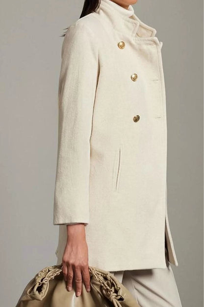 Women Fashion Stylish Regular Jacket Collar Midi Plain Lined Button Detailed Regular Woolen Midi Coat