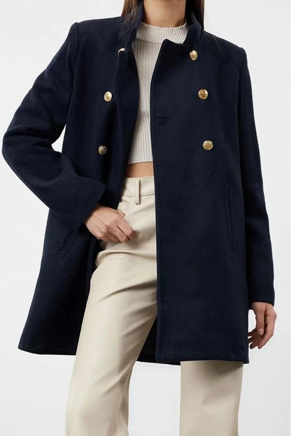 Women Fashion Stylish Regular Jacket Collar Midi Plain Lined Button Detailed Regular Woolen Midi Coat