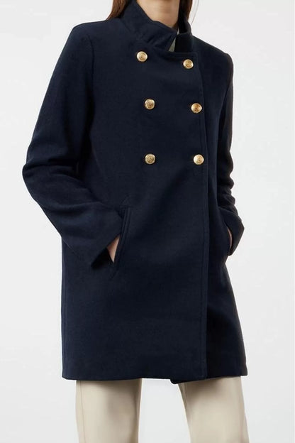 Women Fashion Stylish Regular Jacket Collar Midi Plain Lined Button Detailed Regular Woolen Midi Coat