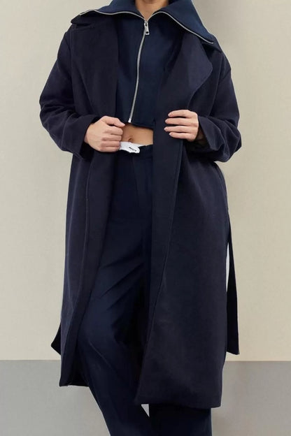 Women's Fashion Stylish Loose Double Breasted Collar Long Plain Lined Oversize Wool Coat with Knitwear Detail Inside