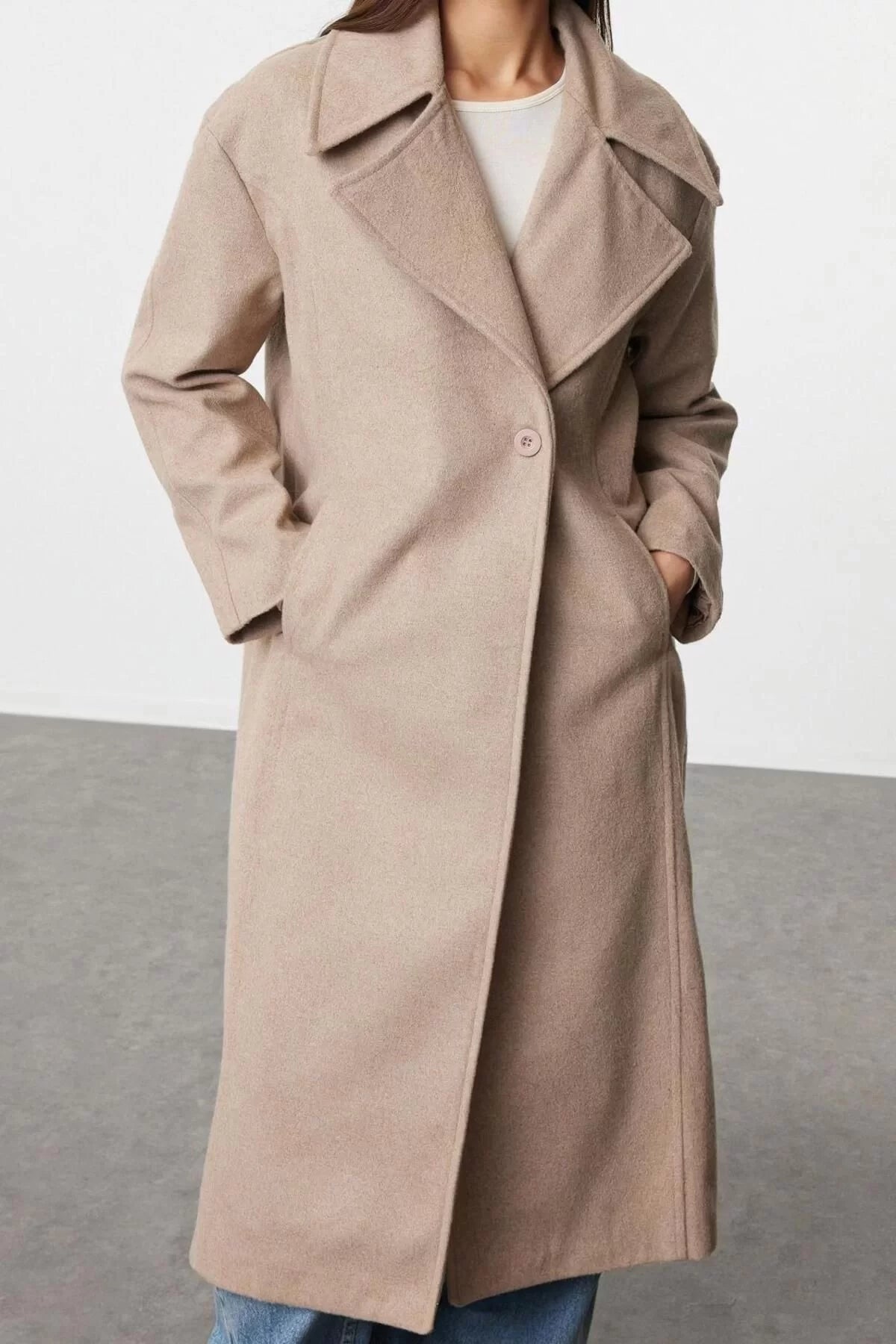 Women Fashion Stylish Regular Jacket Collar Long Plain Lined Regular Long Wool Coat