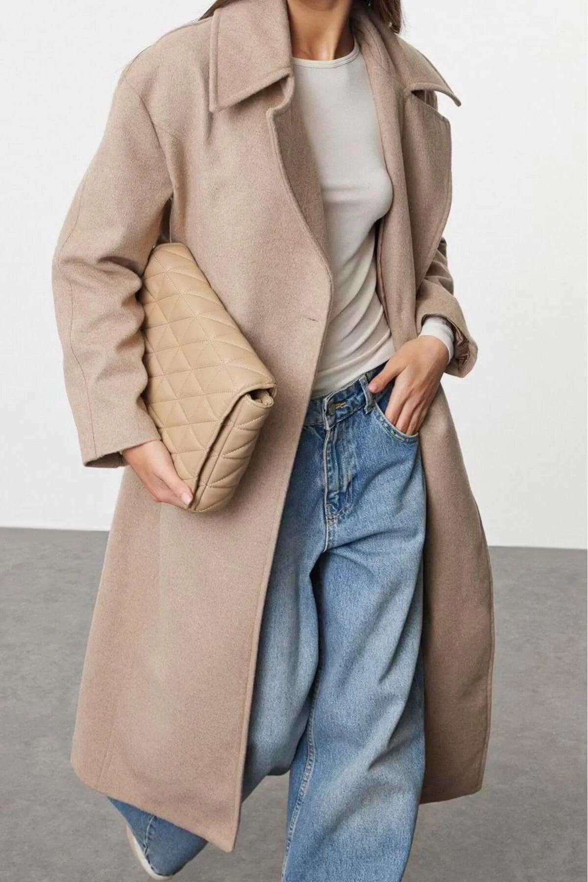 Women Fashion Stylish Regular Jacket Collar Long Plain Lined Regular Long Wool Coat