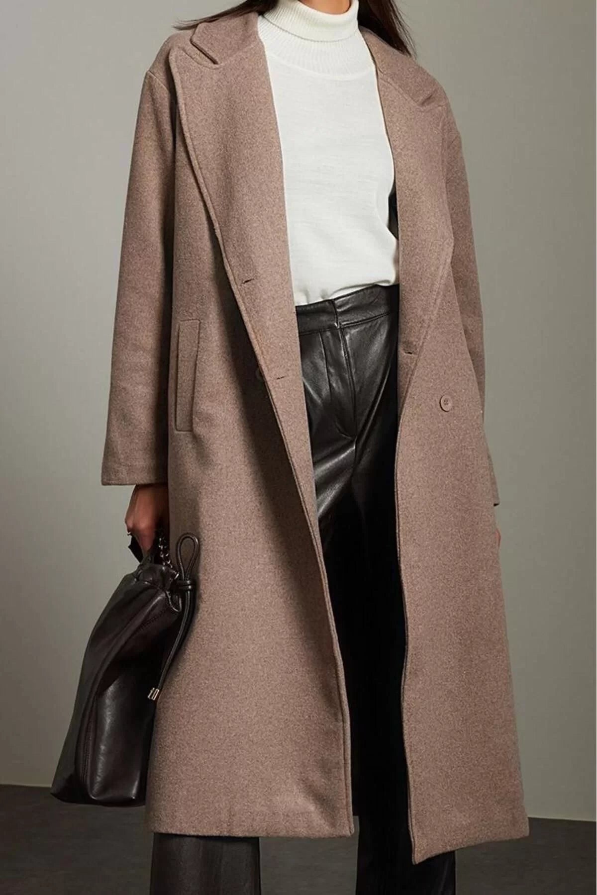 Women Fashion Stylish Loose Jacket Collar Long Plain Lined Oversize Wool Wide Cut Shawl Long Coat