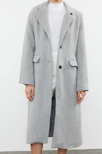 Women Fashion Stylish Regular Jacket Collar Long Plain Lined Woolen Soft Texture Waist-Sit Coat