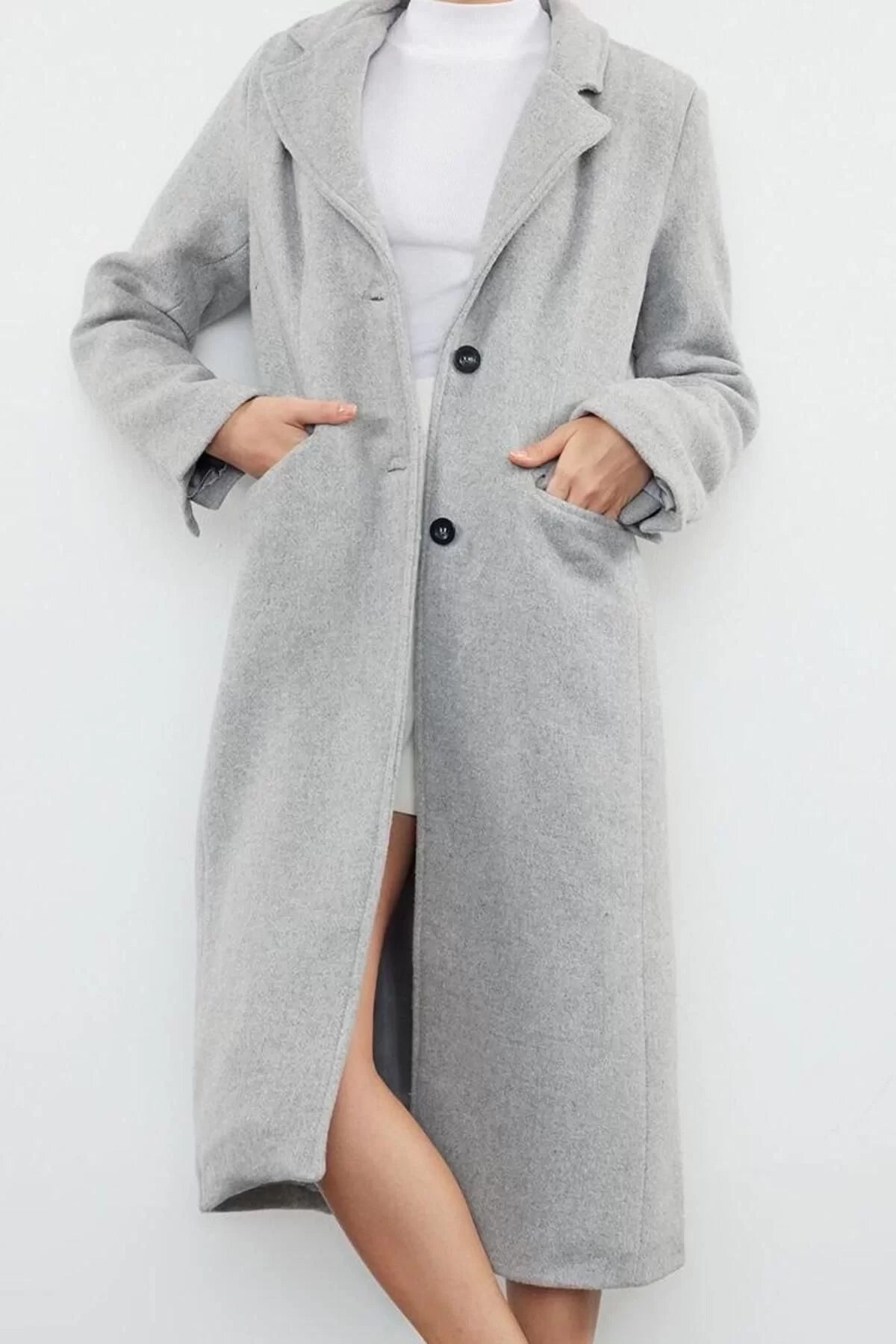 Women Fashion Stylish Regular Jacket Collar Long Plain Lined Woolen Soft Texture Waist-Sit Coat