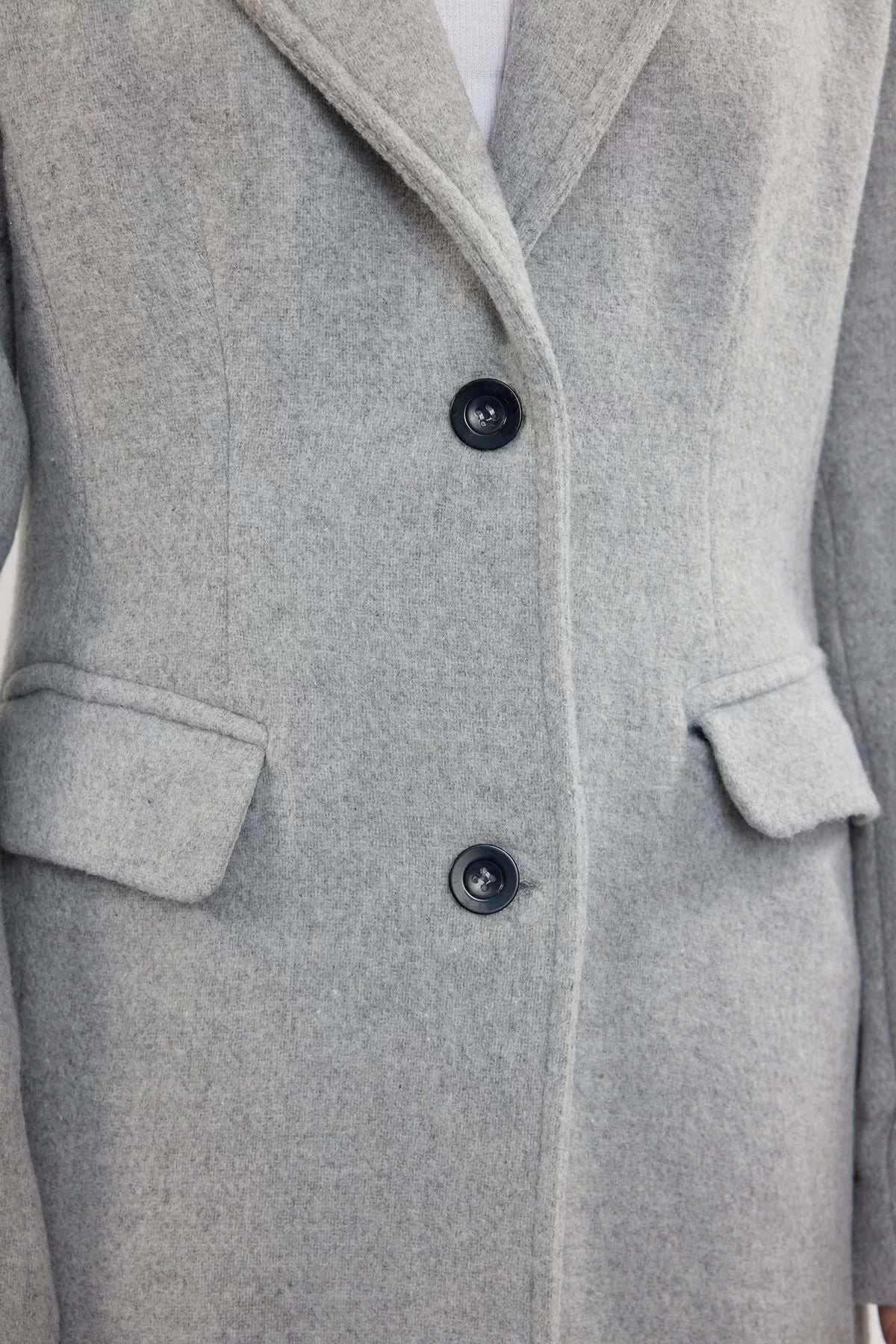 Women Fashion Stylish Regular Jacket Collar Long Plain Lined Woolen Soft Texture Waist-Sit Coat