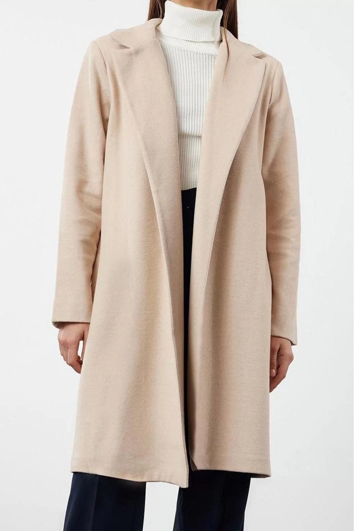 Women Fashion Stylish Regular Jacket Collar Midi Plain Lined Unlined Soft Textured Unlined Knitted Cashmere Coat