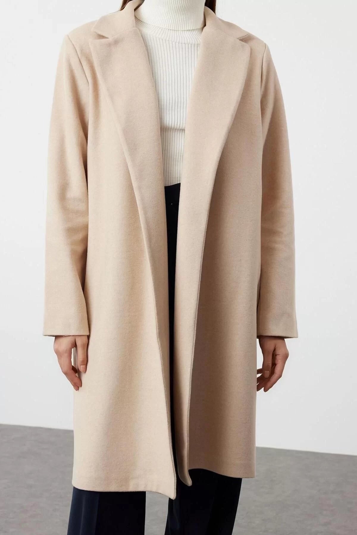 Women Fashion Stylish Regular Jacket Collar Midi Plain Lined Unlined Soft Textured Unlined Knitted Cashmere Coat