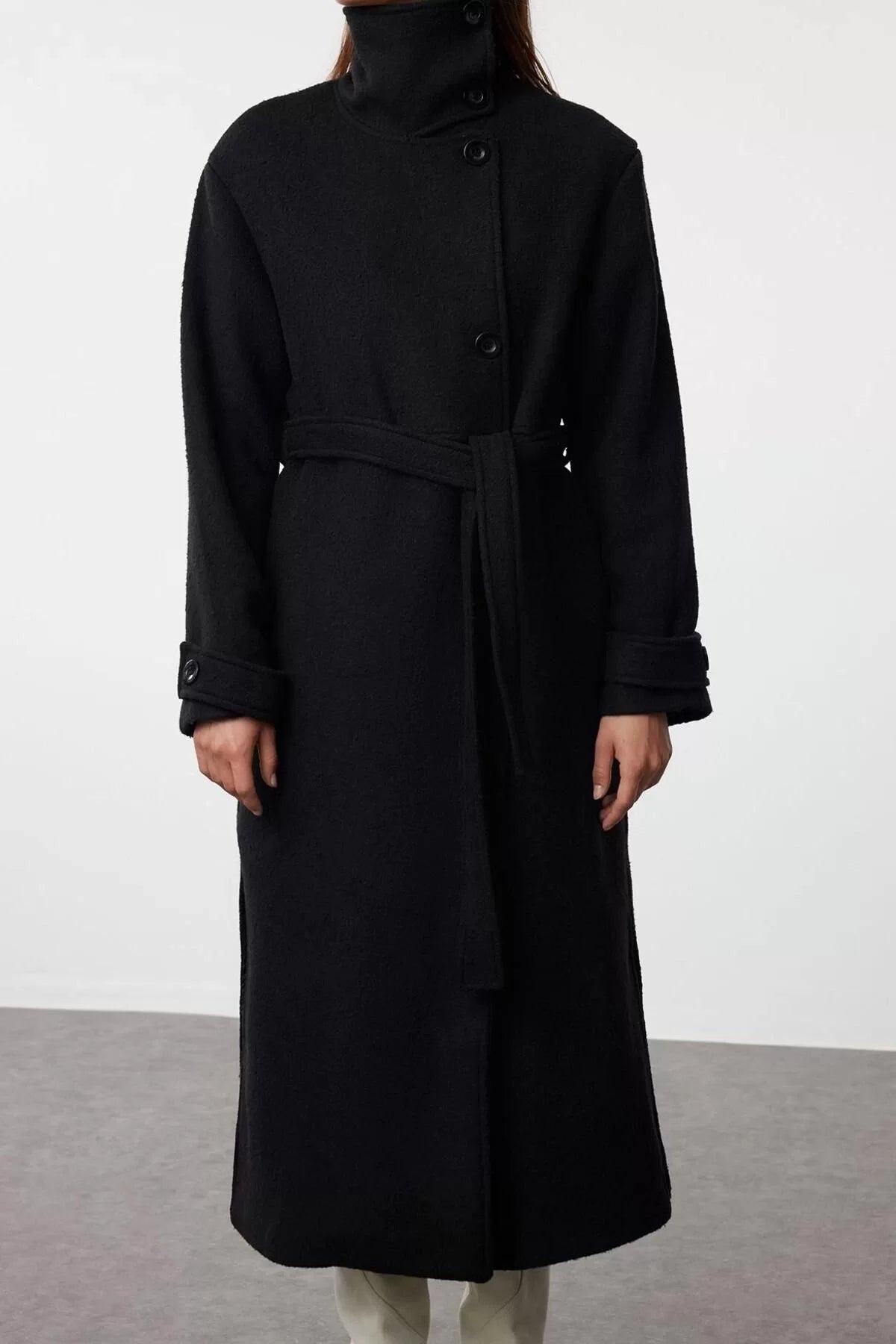 Women Fashion Stylish Oversize Jacket Collar Long Plain Lined Collar Detailed Oversize Wool Coat