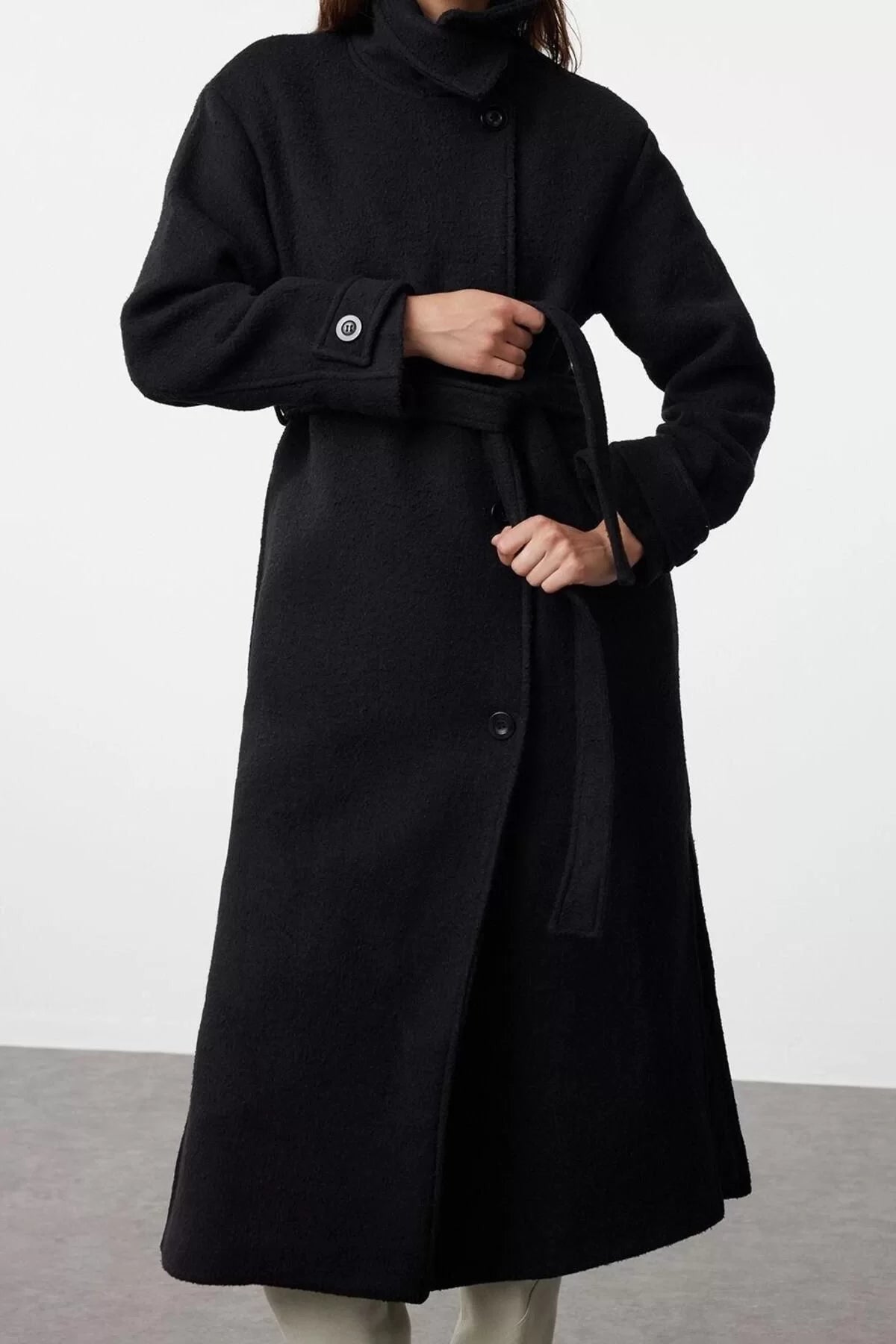 Women Fashion Stylish Oversize Jacket Collar Long Plain Lined Collar Detailed Oversize Wool Coat